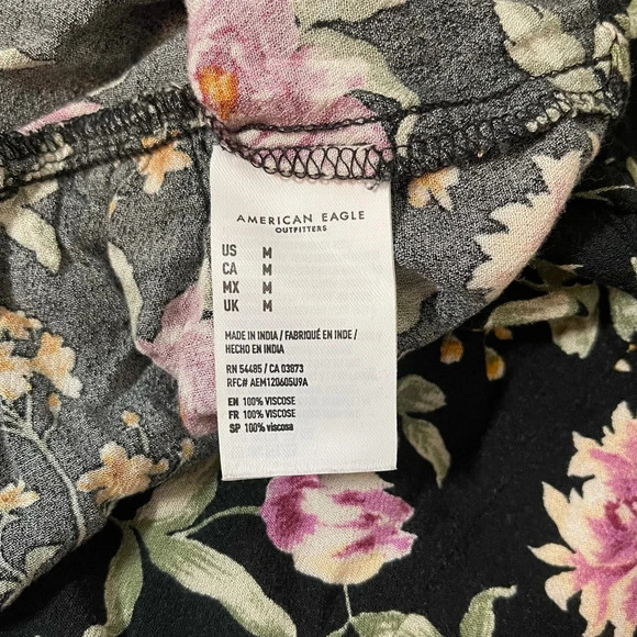 American Eagle Black Synthetic Tie Front Floral Print Top Medium Women’s - Picture 12 of 13